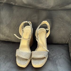 Gold Wedge Shoes with Open-Toe Design and Slingback Style